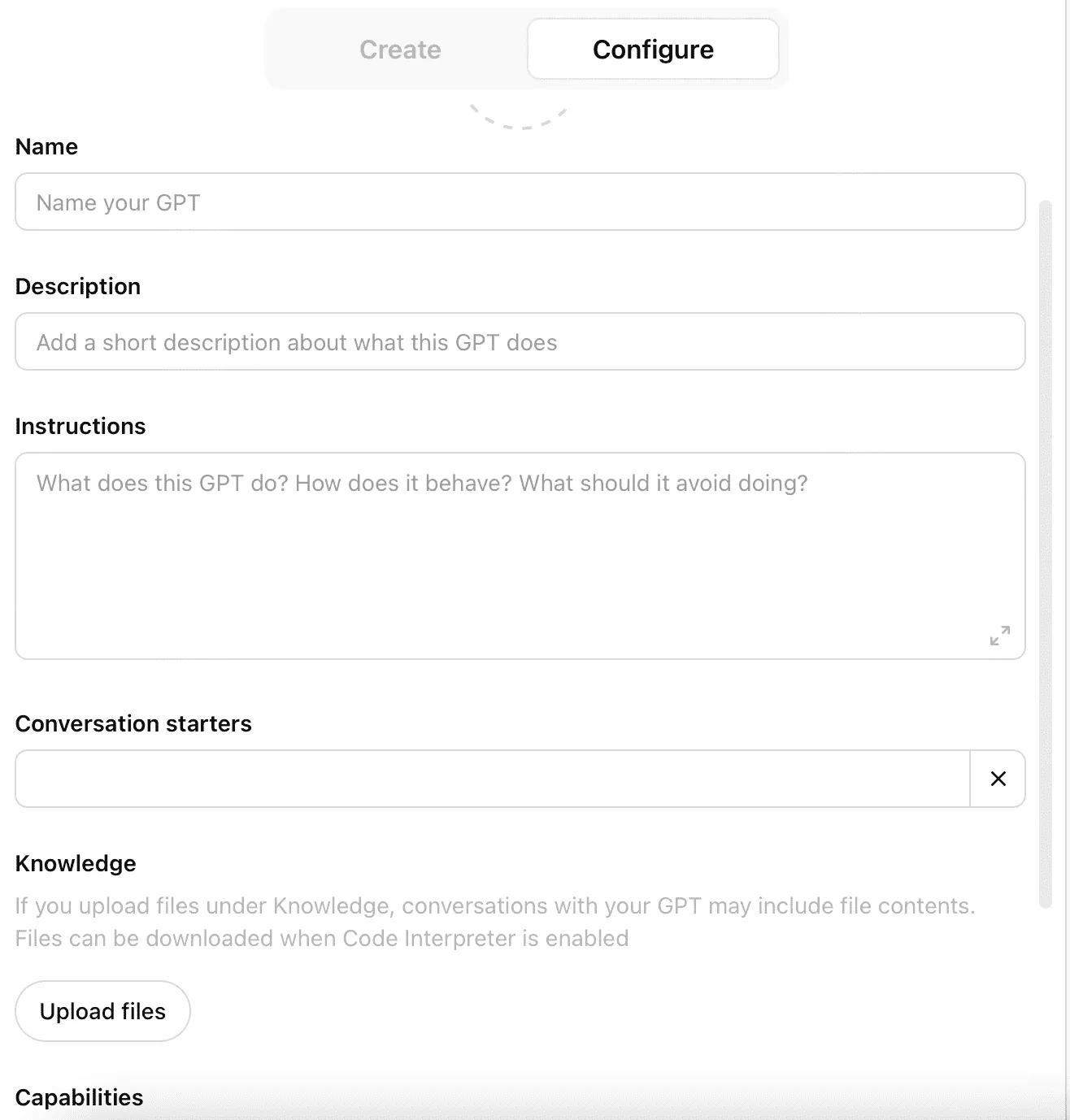ChatGPT GPT builder configure screen