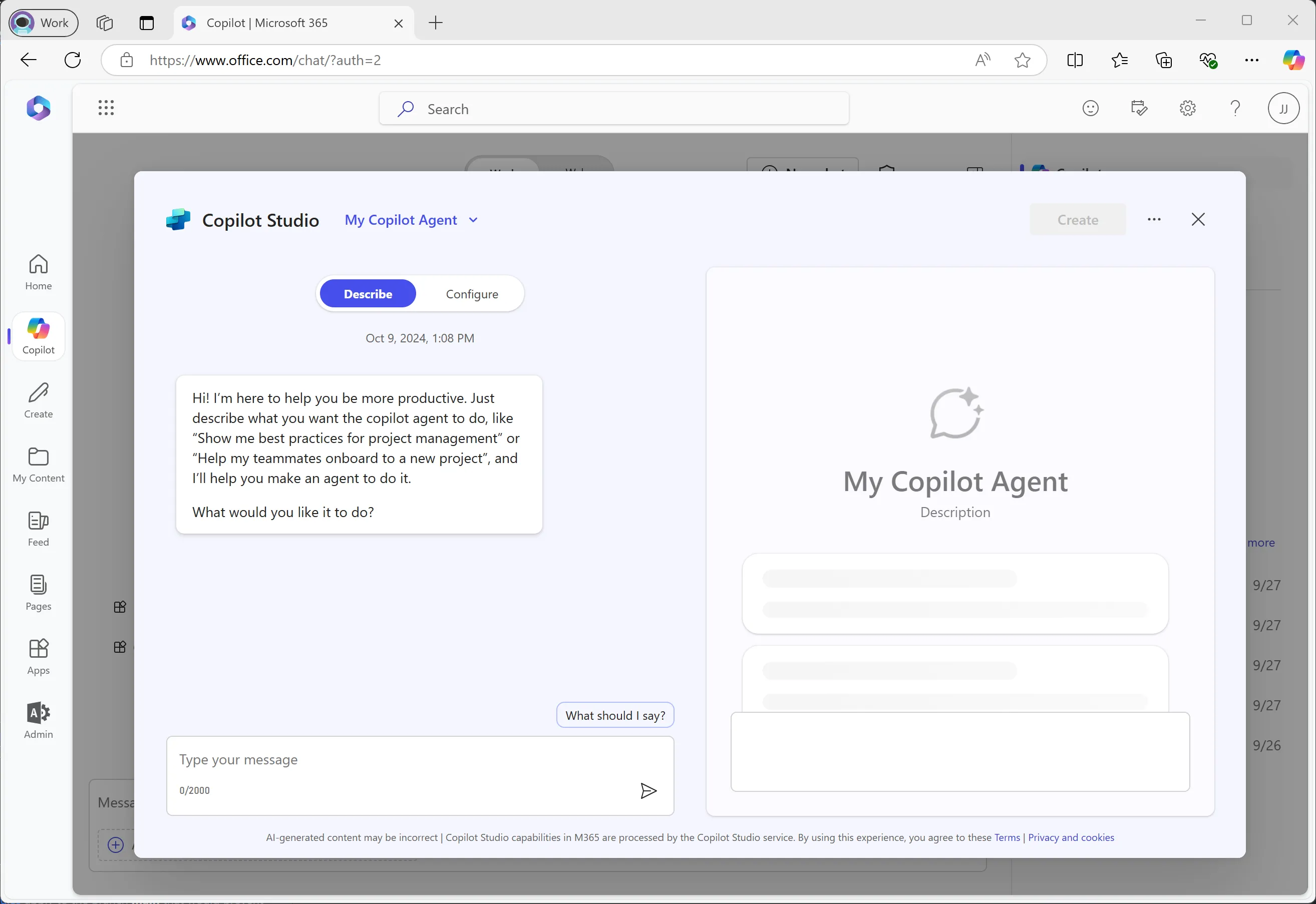 Copilot Studio create agent screen