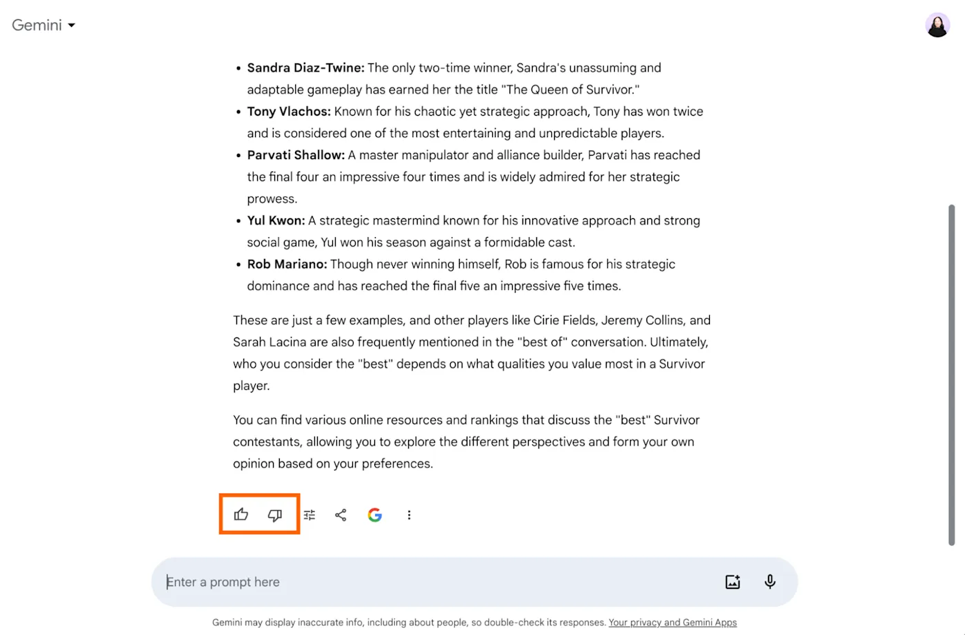 A Gemini answer interface showing the response area and built-in controls below it
