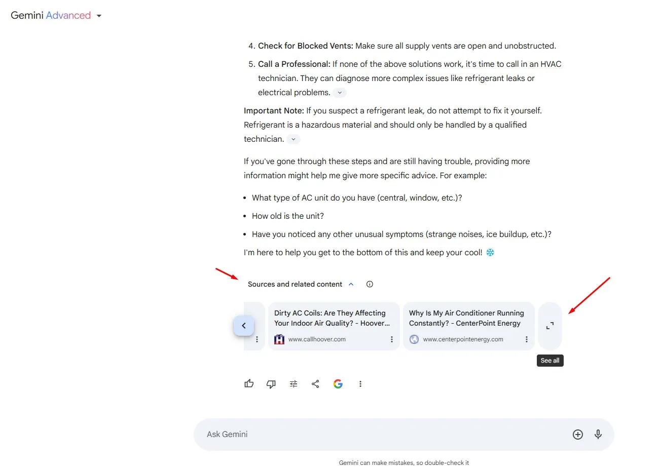 A Gemini answer showing the sources and related content section below the response